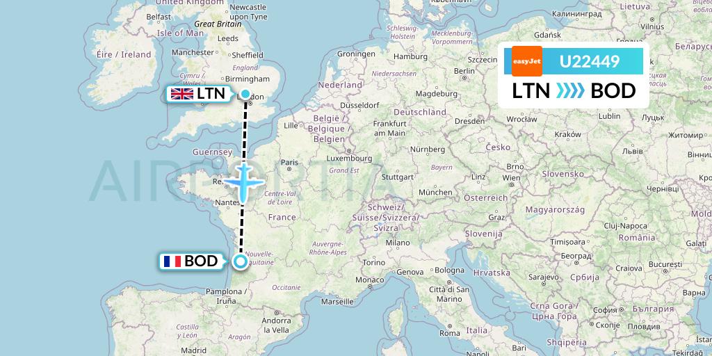 U22449 EasyJet Flight Map: London to Bordeaux