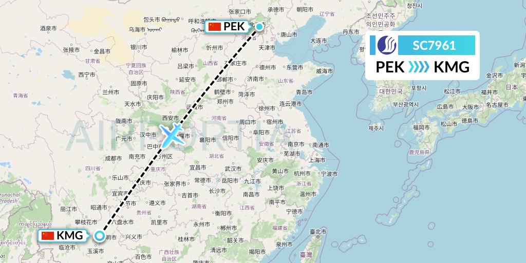 SC7961 Shandong Airlines Flight Map: Beijing to Kunming
