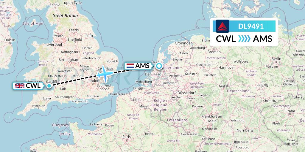 DL9491 Delta Air Lines Flight Map: Cardiff to Amsterdam