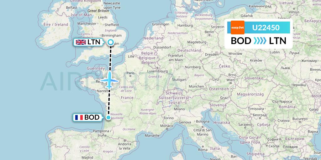 U22450 EasyJet Flight Map: Bordeaux to London