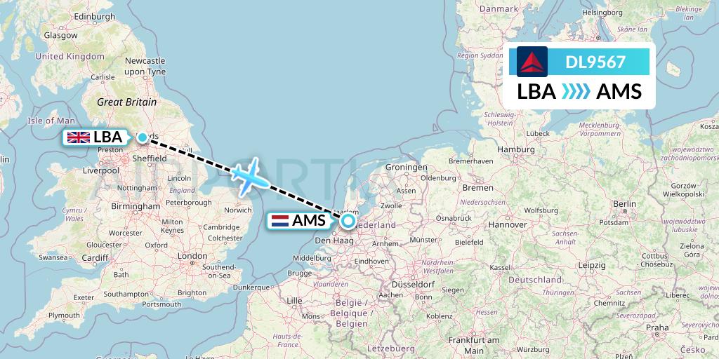 DL9567 Delta Air Lines Flight Map: Leeds to Amsterdam