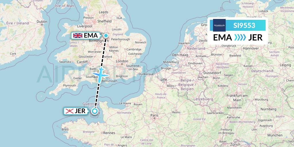 SI9553 Blue Islands Flight Map: East Midlands to Jersey