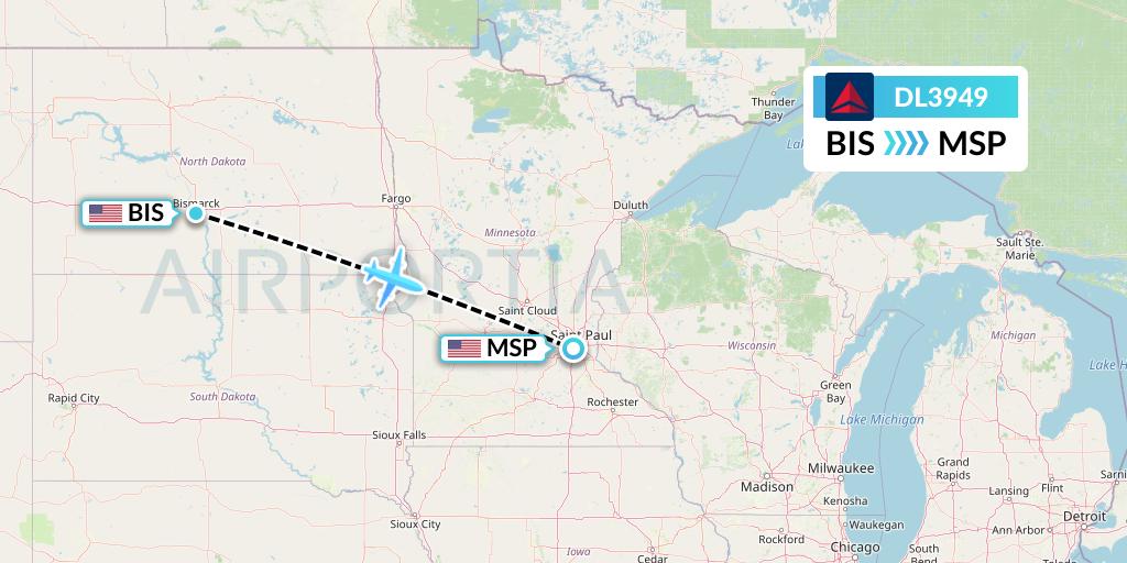DL3949 Delta Air Lines Flight Map: Bismarck to Minneapolis