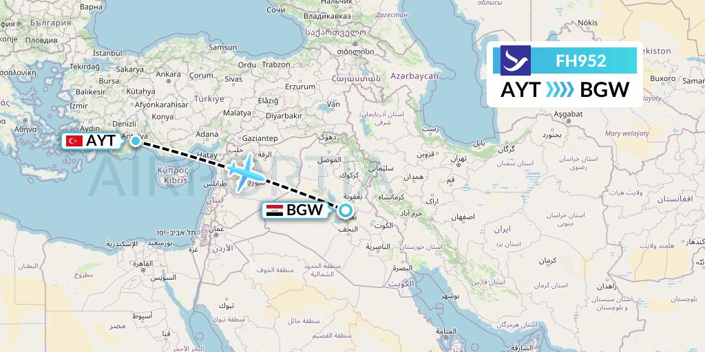 FH952 Freebird Airlines Flight Map: Antalya to Baghdad