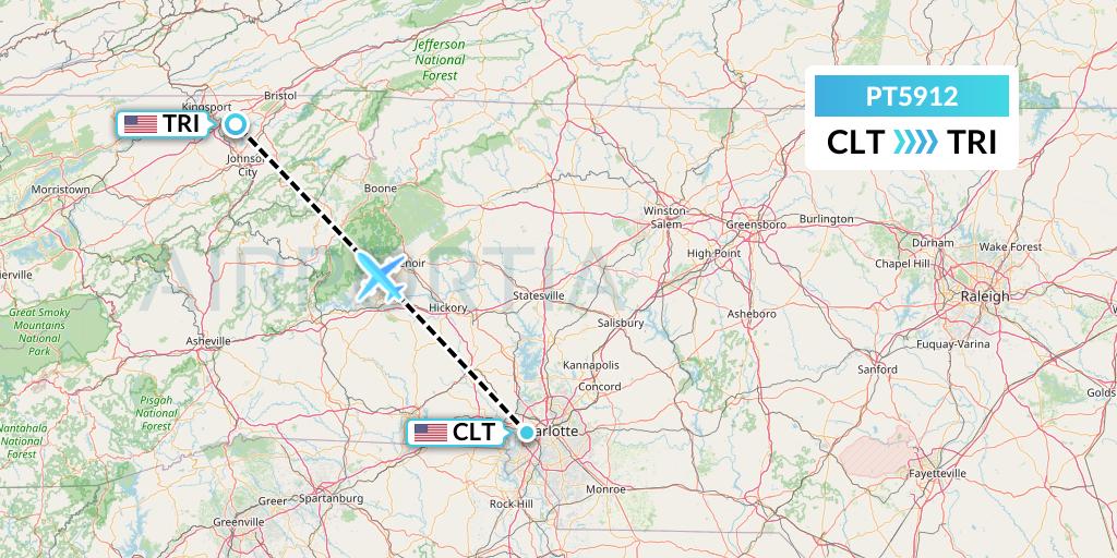 PT5912 Piedmont Airlines Flight Map: Charlotte to Blountville