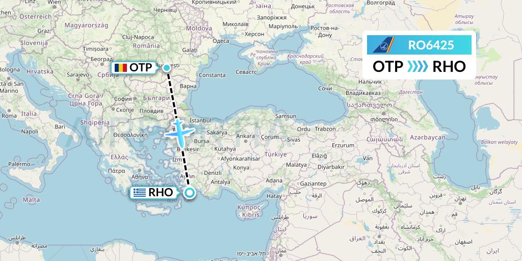 RO6425 Tarom Flight Map: Bucharest to Rhodes