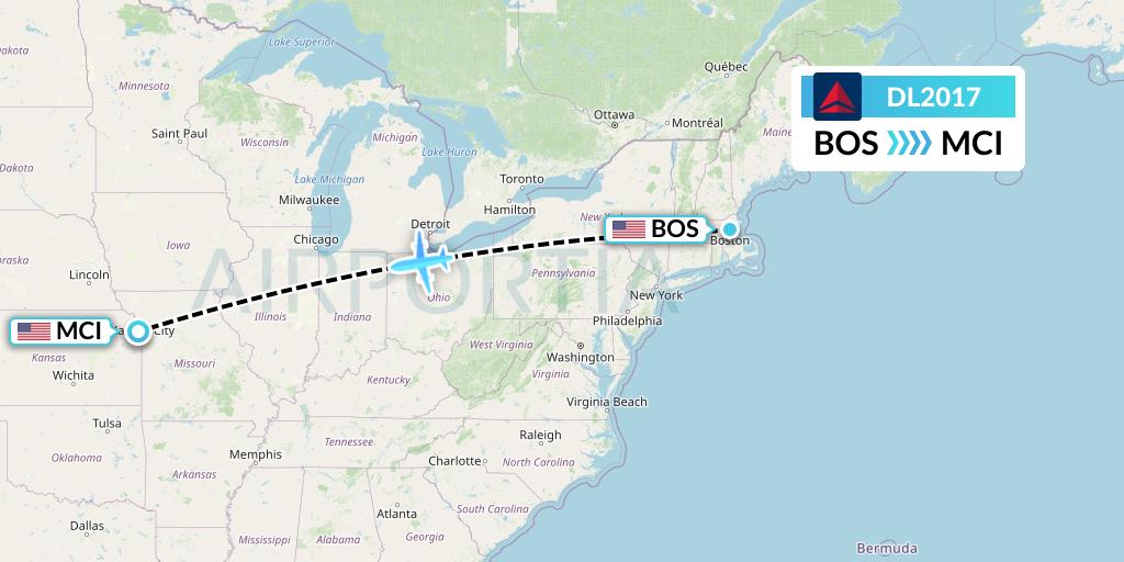 DL2017 Delta Air Lines Flight Map: Boston to Kansas City