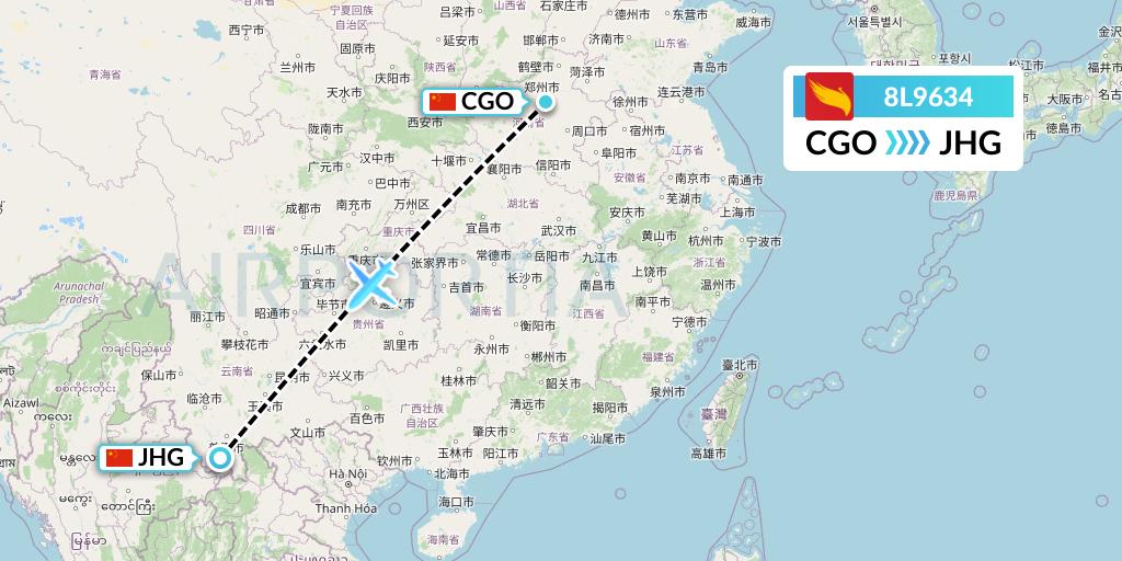 8L9634 Lucky Air Flight Map: Zhengzhou to Jinghong