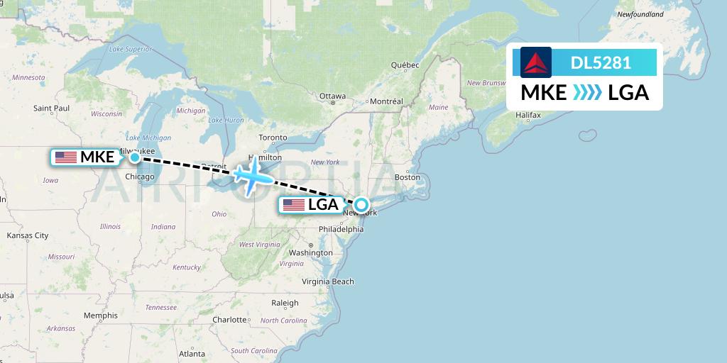 DL5281 Delta Air Lines Flight Map: Milwaukee to New York