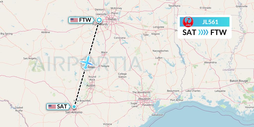 JL561 Japan Airlines Flight Map: San Antonio to Fort Worth