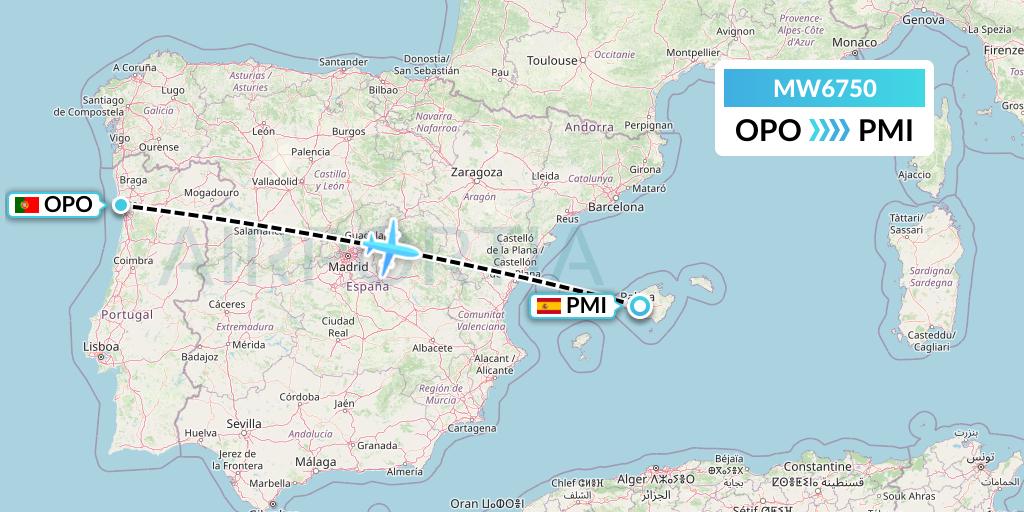 MW6750 Mokulele Flight Service Flight Map: Porto to Palma de Mallorca