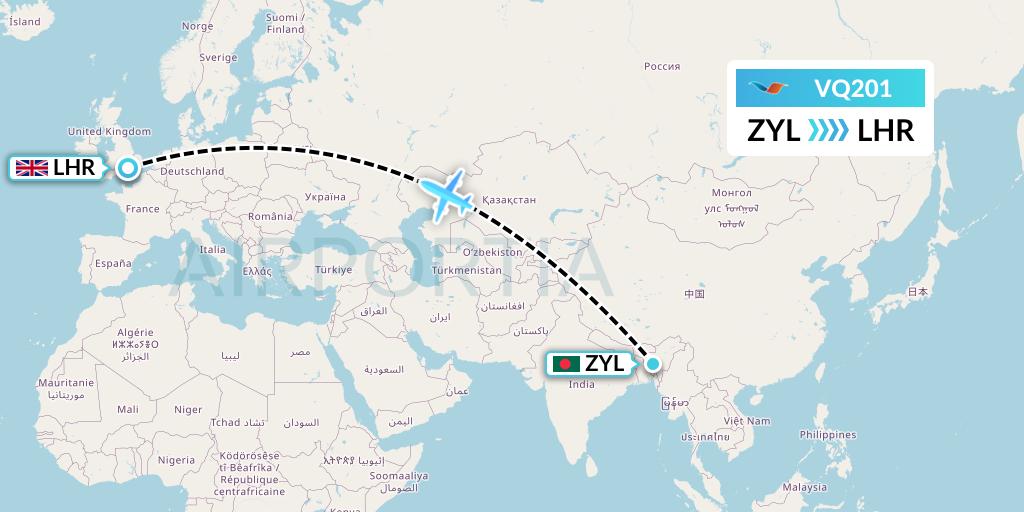 VQ201 Novoair Flight Map: Sylhet to London