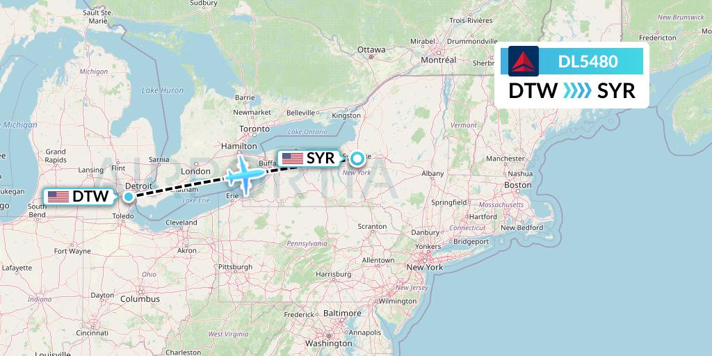 DL5480 Delta Air Lines Flight Map: Detroit to Syracuse