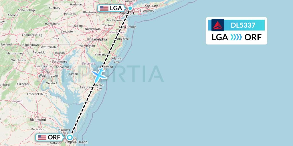 DL5337 Delta Air Lines Flight Map: New York to Norfolk