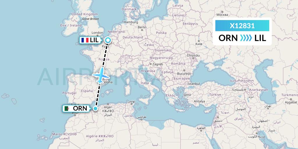 X12831 Nik Airways Flight Map: Oran to Lille