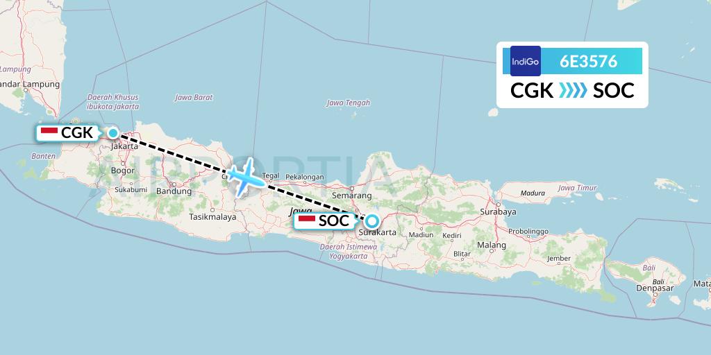 6E3576 IndiGo Airlines Flight Map: Jakarta to Surakarta