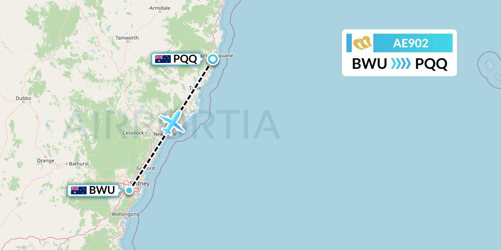 AE902 Mandarin Airlines Flight Map: Bankstown to Port Macquarie