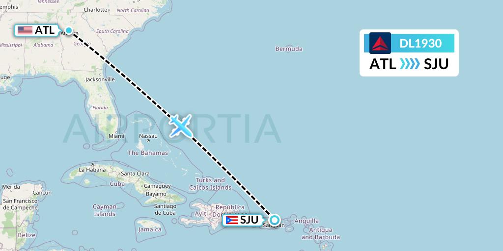 DL1930 Delta Air Lines Flight Map: Atlanta to San Juan