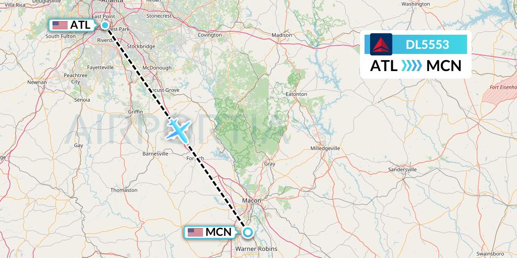 DL5553 Delta Air Lines Flight Map: Atlanta to Macon