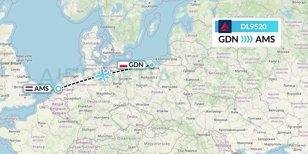 DL9520 Delta Air Lines Flight Map: Gdansk to Amsterdam