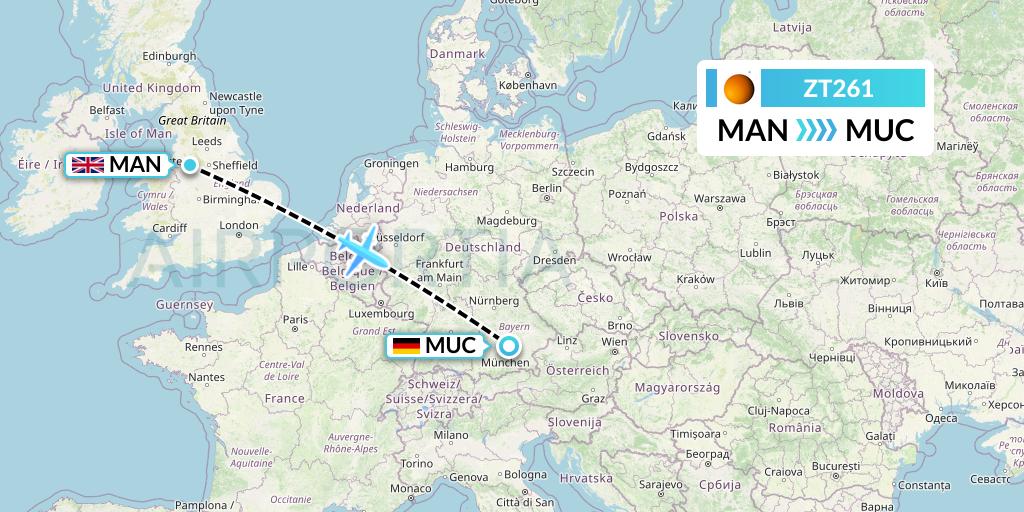 ZT261 Titan Airways Flight Map: Manchester to Munich
