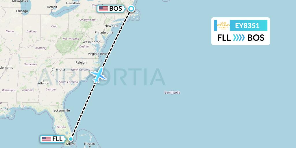 EY8351 Etihad Airways Flight Map: Fort Lauderdale to Boston