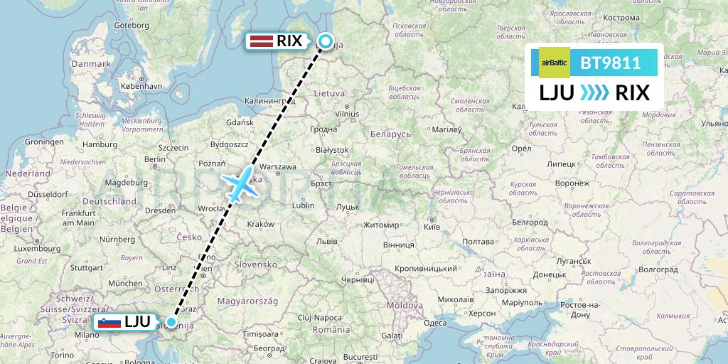 BT9811 Air Baltic Flight Map: Ljubljana to Riga