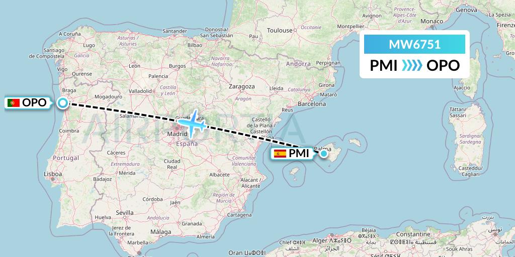 MW6751 Mokulele Flight Service Flight Map: Palma de Mallorca to Porto