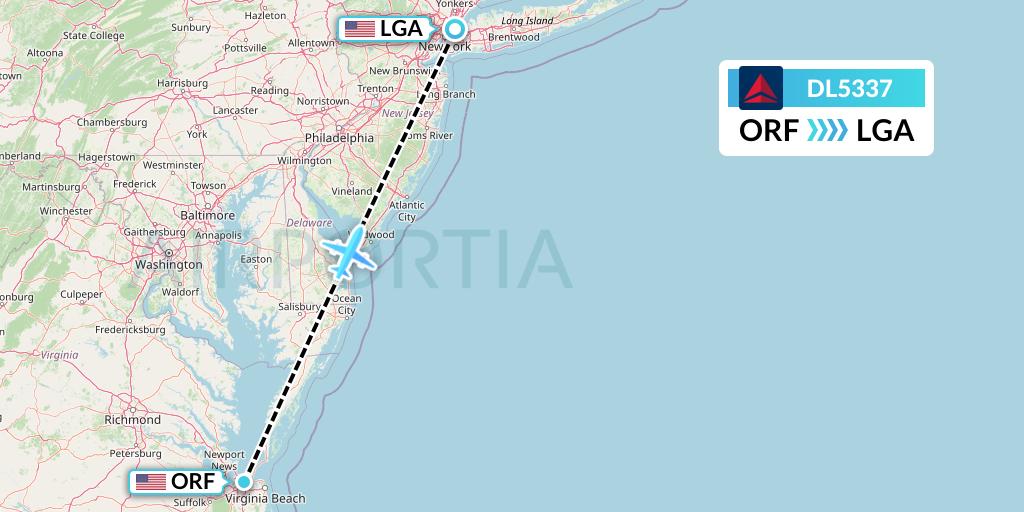 DL5337 Delta Air Lines Flight Map: Norfolk to New York