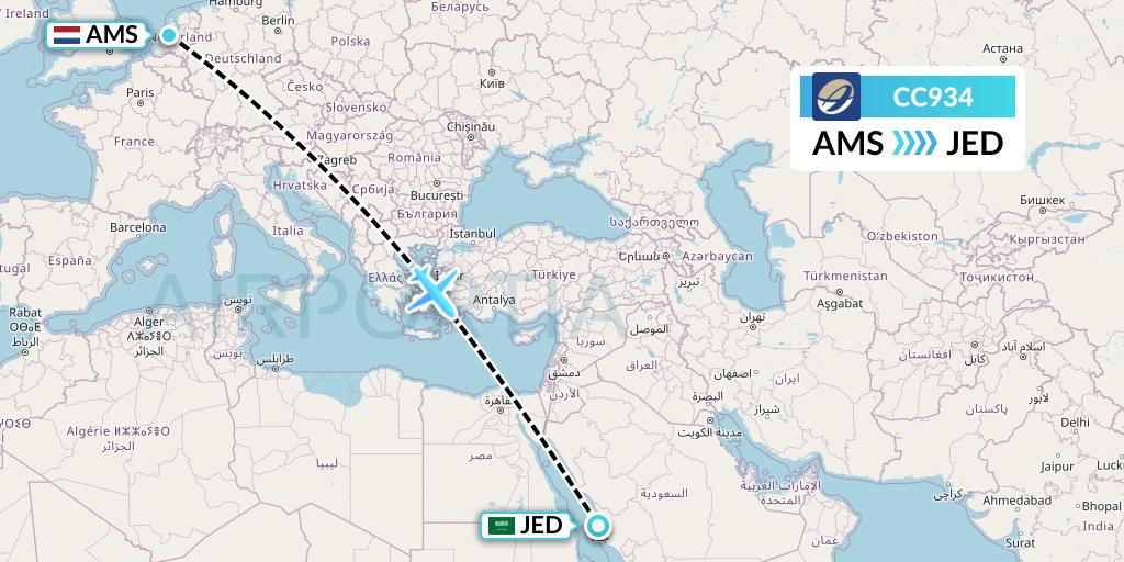 CC934 CM Airlines Flight Map: Amsterdam to Jeddah