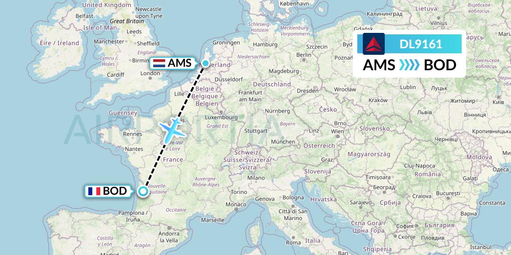 DL9161 Delta Air Lines Flight Map: Amsterdam to Bordeaux