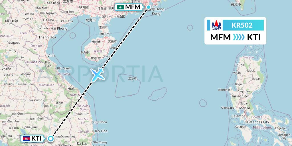 KR502 Cambodia Airways Flight Map: Macau to Kratie