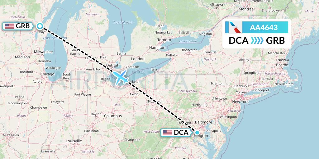 AA4643 American Airlines Flight Map: Washington to Green Bay