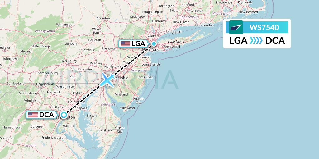 WS7540 WestJet Flight Map: New York to Washington