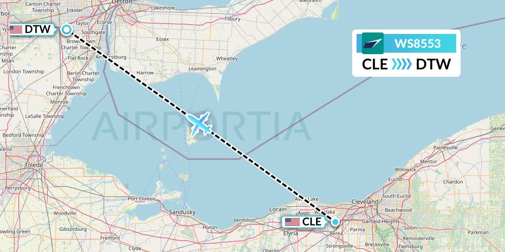 WS8553 WestJet Flight Map: Cleveland to Detroit