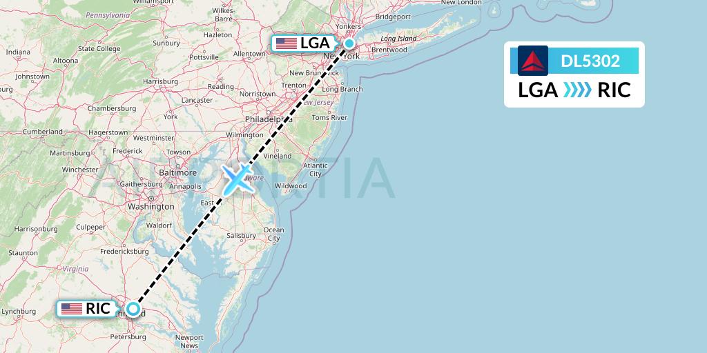 DL5302 Delta Air Lines Flight Map: New York to Richmond