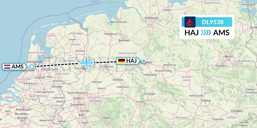DL9538 Delta Air Lines Flight Map: Hannover to Amsterdam