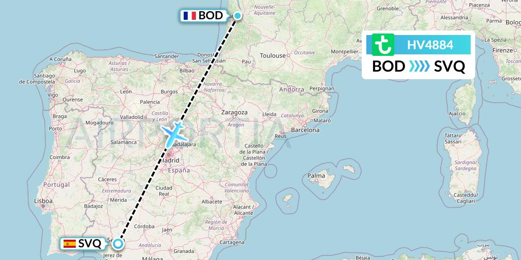 HV4884 Transavia Flight Map: Bordeaux to Seville