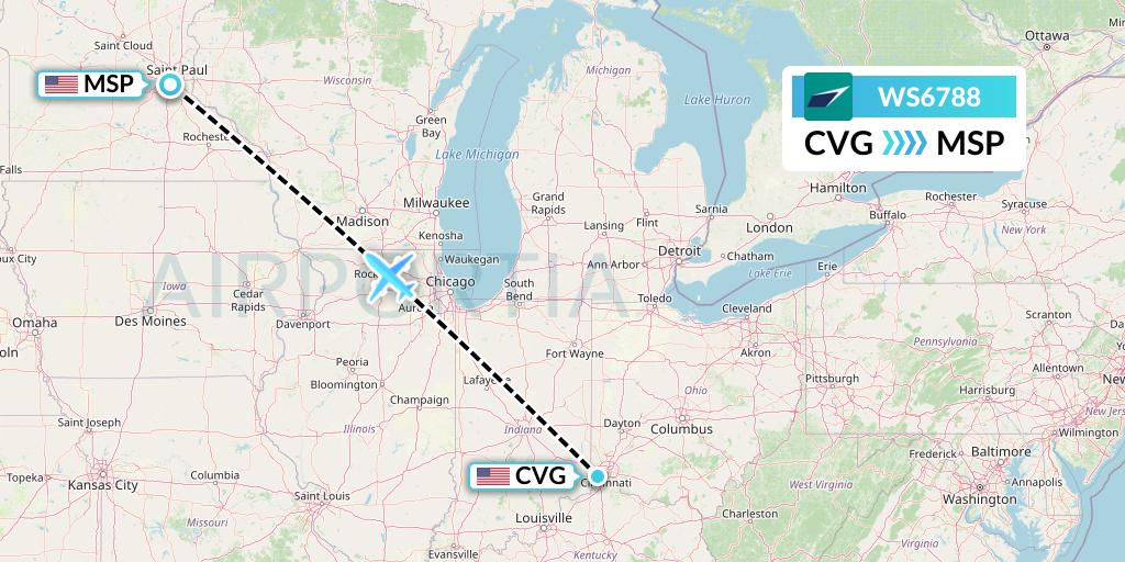 WS6788 WestJet Flight Map: Cincinnati to Minneapolis