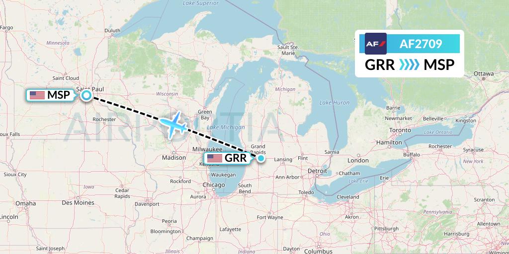AF2709 Air France Flight Map: Grand Rapids to Minneapolis