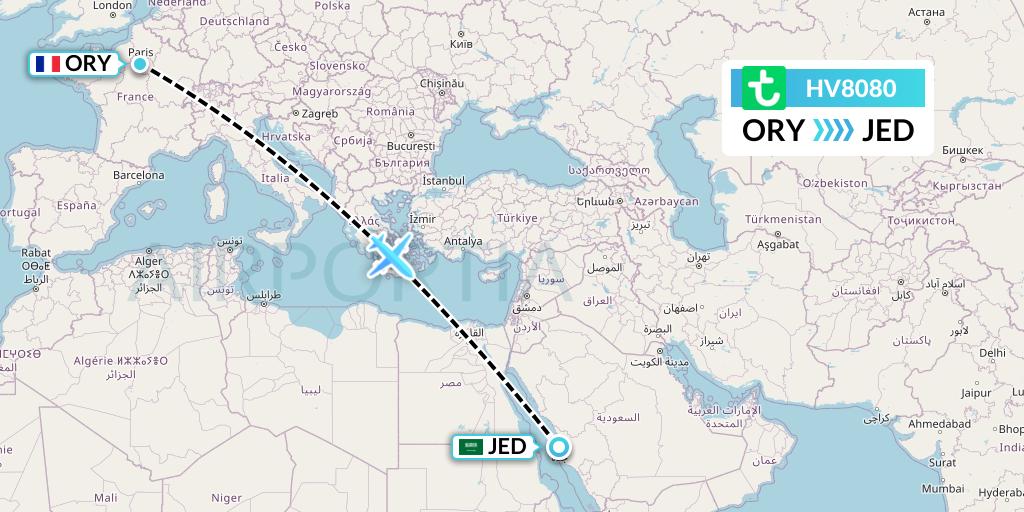 HV8080 Transavia Flight Map: Paris to Jeddah
