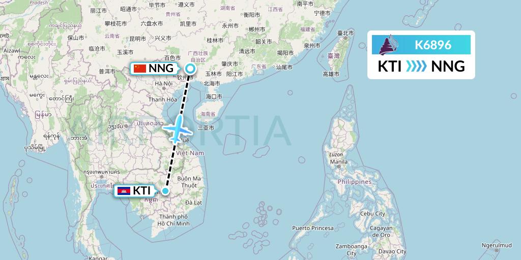 K6896 Cambodia Angkor Air Flight Map: Kratie to Nanning