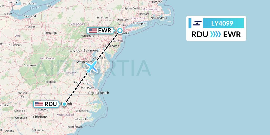 LY4099 El Al Flight Map: Raleigh-Durham to New York