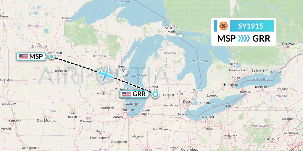 SY1915 Sun Country Airlines Flight Map: Minneapolis to Grand Rapids
