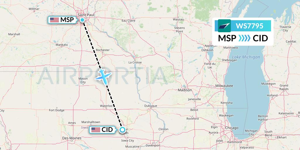 WS7795 WestJet Flight Map: Minneapolis to Cedar Rapids