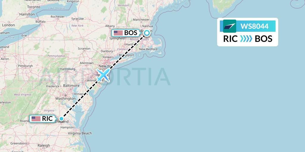 WS8044 WestJet Flight Map: Richmond to Boston