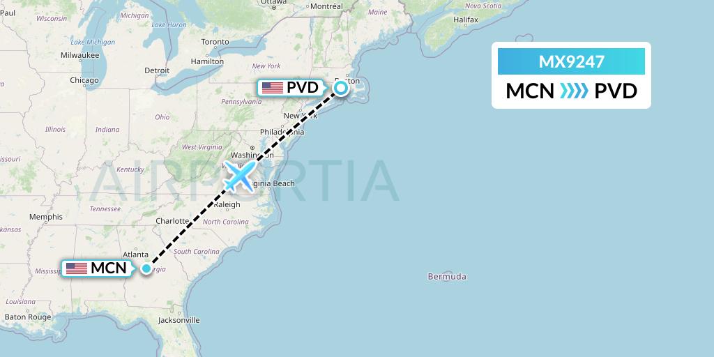 MX9247 Breeze Airways Flight Map: Macon to Providence