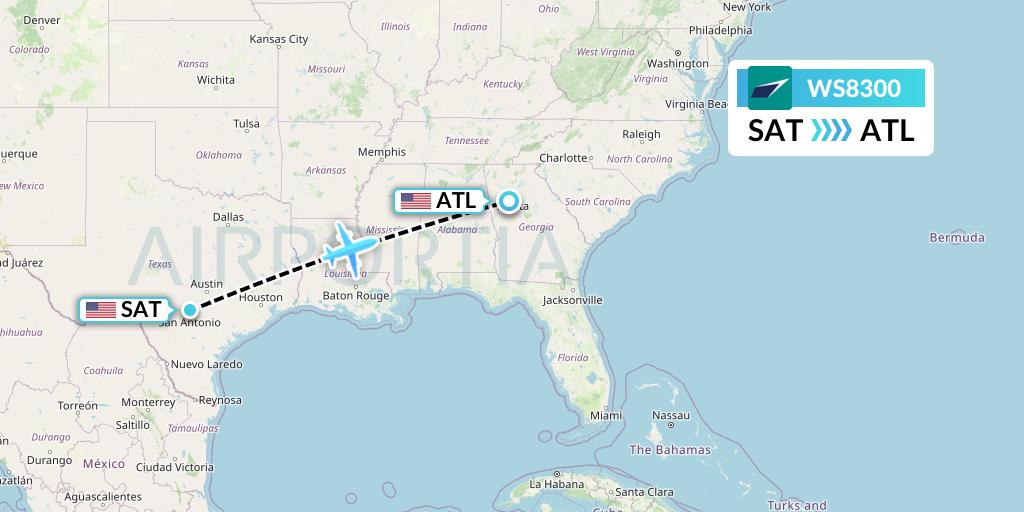 WS8300 WestJet Flight Map: San Antonio to Atlanta