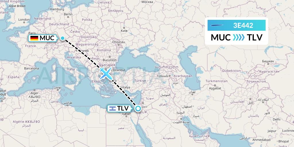3E442 Air Choice One Flight Map: Munich to Tel Aviv