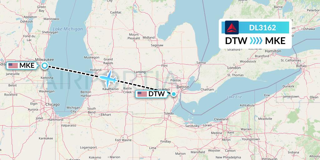 DL3162 Delta Air Lines Flight Map: Detroit to Milwaukee